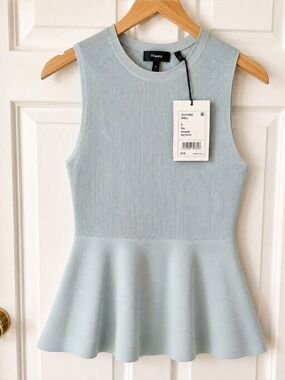 Theory NWT Textured Shell Sky Glossed Peplum Top Ribbed Knit $275